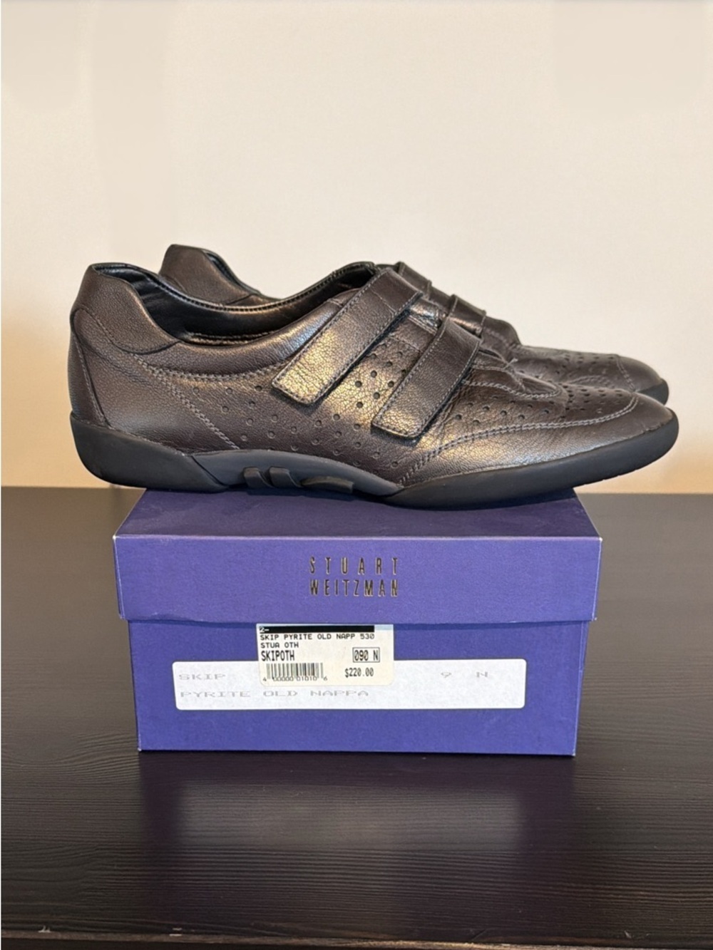 Stuart Weitzman Women’s Black Leather Slip-On Sneakers with Velcro Straps